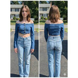 Kaylee Kollection Denim Off Shoulder Crop Top Jean Button Front Shrug Junior S